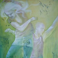 Gemälde in Mischtechnik eines Mannes am Tisch mit einer Tasse sitzend,
       Illustration des Liedes Schwarz zu blau von von Peter Fox